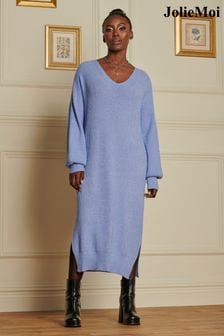 Jolie Moi Blue V-Neck Knitted Jumper Maxi Dress (K82591) | kr1,026