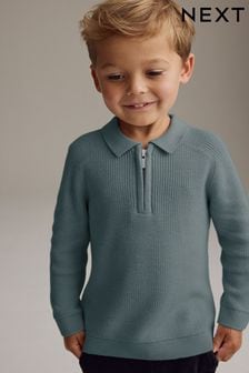 Teal Blue Long Sleeve Zip Neck Knitted Polo Shirt (3mths-7yrs) (K82652) | €22 - €25