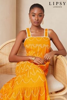 Lipsy Yellow Petite Palm Broderie Tiered Summer Holiday Midi Dress (K82694) | kr672