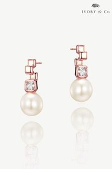Ivory & Co Rose Gold St Louis Crystal Modern Abstract Pearl Drop Earrings (K82760) | €35