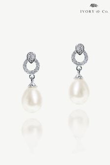 Ivory & Co Silver St Louis Crystal Modern Abstract Pearl Drop Earrings (K82761) | kr460