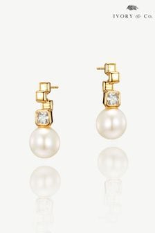 金色 - Ivory & Co St Louis Crystal Modern Abstract Pearl Drop Earrings (K82791) | NT$1,170
