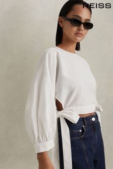 Reiss Ivory Immy Cropped Blouson Sleeve Top With Linen (K83083) | $244