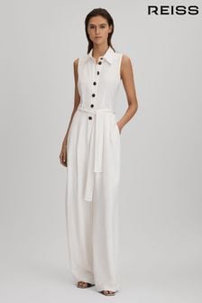 Reiss White Perla Belted Wide Leg Jumpsuit (K83094) | $350