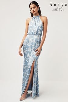 Anaya With Love Blue Floral Satin Maxi Bridesmaid Dress (K83159) | 396 QAR