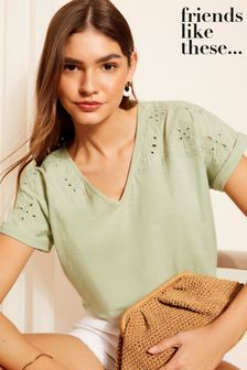 Friends Like These Green Short Sleeve V Neck Cutwork Slubby T-Shirt (K83487) | 124 QAR