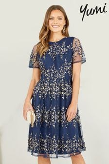 Yumi Blue Embroidered Floral Skater Dress (K83531) | $154