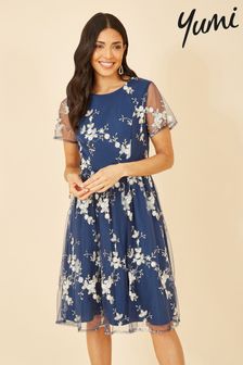 Yumi Blue Embroidered Floral Skater Dress (K83533) | AED360