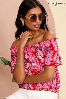 Love & Roses Pink Tropical Jersey Flutter Sleeve Bardot Top (K83581) | AED144
