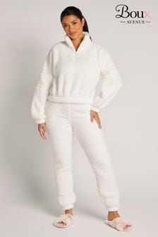 Boux Avenue Cream Panelled Tape Long Fleece Borg Pyjamas Lounge Set (K83643) | kr1 010