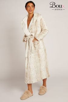 Boux Avenue Cream Animal Print Textured Cosy Supersoft Long Robe Dressing Gown (K83645) | LEI 388