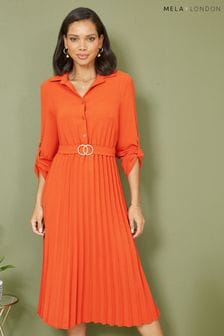 برتقالي - فستان متوسط الطول بتنورة بطيات بحزام بإبزيم من Mela (K83936) | 250 د.إ