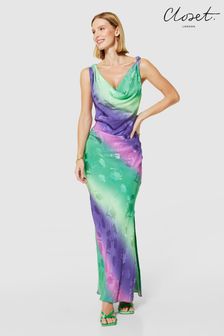 Closet London Purple Maxi Bias Cut Slip Multi Print Jacquard Dress (K84029) | €126