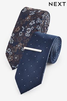 Navy Blue Floral/Polka Dot Textured Tie With Tie Clips 2 Pack (K84083) | €23