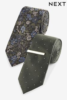 Forest Green Floral/Polka Dot Textured Tie With Tie Clips 2 Pack (K84105) | €30