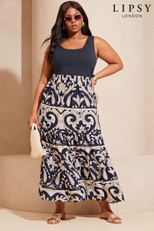 Lipsy Navy Blue Curve Hybrid Shirred Waist Summer Holiday Maxi Dress (K84122) | $73