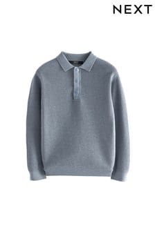 Blue Long Sleeve 100% Cotton Textured Polo Shirt (3-16yrs) (K84153) | $27 - $36