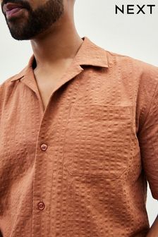 Rust Brown Seersucker Short Sleeve Shirt with Cuban Collar (K84522) | $45