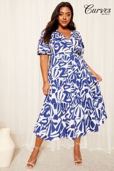 Curves Like These Poplin Puff Sleeve Wrap Midi Dress