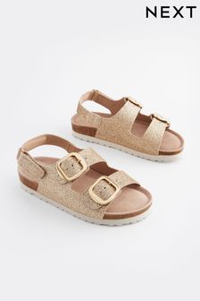 Gold Glitter Wide Fit (G) Two Strap Corkbed Sandals (K85068) | $31 - $43