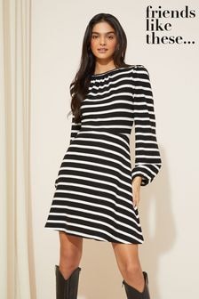 Friends Like These Black Stripe Knit Soft Touch Ruched Long Sleeve Mini Dress (K85385) | 90 zł