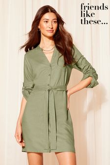 Friends Like These Khaki Green Roll Sleeve Linen Mini Shirt Dress (K85405) | €51