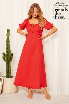 Friends Like These Red Crinkle Puff Sleeve Midi Dress (K85410) | $77