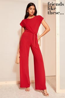 Friends Like These Red Short Sleeve Tie Waist Jumpsuit (K85420) | SGD 87