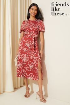 Friends Like These Red Flutter Sleeve Printed Satin Midi Summer Dress (K85438) | €49