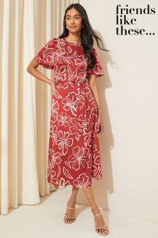 Friends Like These Red Petite Flutter Sleeve Printed Satin Midi Summer Dress (K85440) | SGD 93