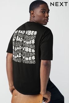 Czarny "No Bad Vibes" - T-shirt z nadrukiem na plecach (K85484) | 47 zł