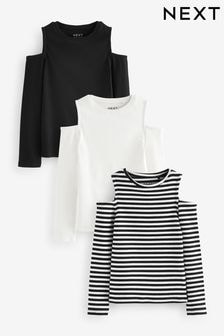 Black/White Cold Shoulder Rib Long Sleeve T-Shirt 3 Pack (3-16yrs) (K86176) | $27 - $38