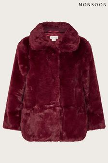 Monsoon Red Faux Fur Collared Coat (K86599) | AED202 - AED238