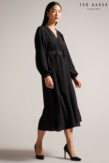 أسود - فستان بتصميم قميص كوموس متوسط الطول مع رقبة ضيقة (K86885) | 943 ر.ق