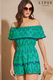 Lipsy Green Summer Holiday Palm Broderie Bardot Playsuit (K86950) | SGD 78