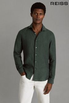 Reiss Dark Green Ruban Linen Button-Through Shirt (K87092) | $173