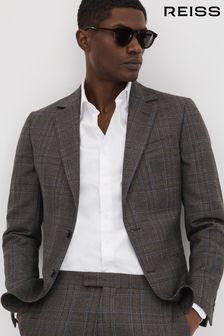 Reiss Brown Multi Fantasy Slim Fit Wool Single Breasted Check Blazer (K87111) | OMR321