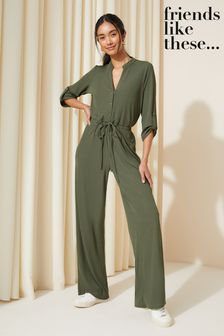 Friends Like These Khaki Green Petite Jersey Long Sleeve Cinched Waist Jumpsuit (K87267) | $83