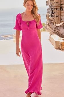 Friends Like These Pink Petite Crinkle Puff Sleeve Midi Dress (K87270) | $77