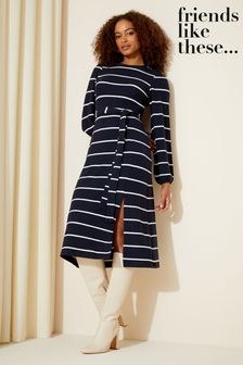 Friends Like These Navy Blue Stripe Soft Touch Knitted Belted Midi Dress (K87271) | €41