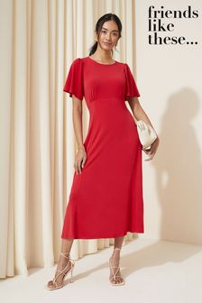 Friends Like These Red Flutter Sleeve Round Neck Midi Dress (K87281) | 58 €