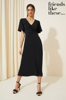 Friends Like These Black Ruched Front Flutter Sleeve Midi Dress (K87284) | €45