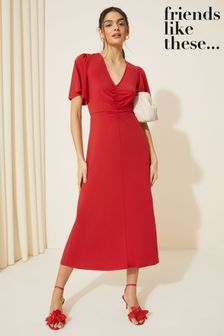 Friends Like These Red Ruched Front Flutter Sleeve Midi Dress (K87286) | OMR20