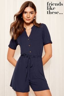 Friends Like These Navy Blue Ribbed Tie Waist Playsuit (K87294) | $65