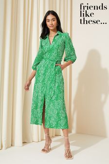 Зеленый - Трикотажное платье-рубашка миди с V-образным вырезом и поясом Friends Like These (K87296) | €59