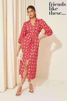 Friends Like These Red V Neck Jersey Belted Midi Shirt Dress (K87297) | 69 €