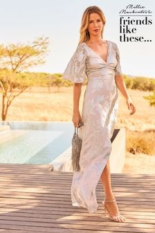 Friends Like These Pink Petite Flutter Cape Sleeve V Neck Maxi Dress (K87307) | $129