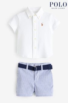 Polo Ralph Lauren Baby White Shirt Belt Seersucker Short Set (K87328) | €152