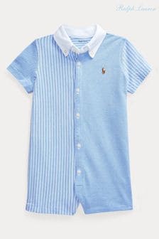 Polo Ralph Lauren Baby Blue Knit Oxford Romper (K87353) | $119