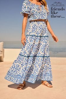 Friends Like These Blue Floral Tiered Cotton Maxi Skirt (K87512) | €46